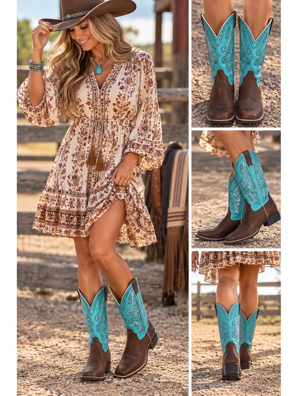 Ariat Cowboy Women’s  6.5 B Turquoise Brown Leather Square Toe Western Boots NEW